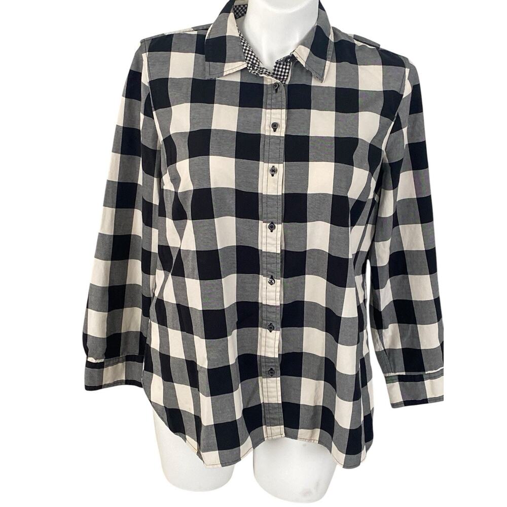 XL TALBOTS Black Plaid Buffalo Check Button Up Dress Shirt Cotton EUC - Picture 1 of 9